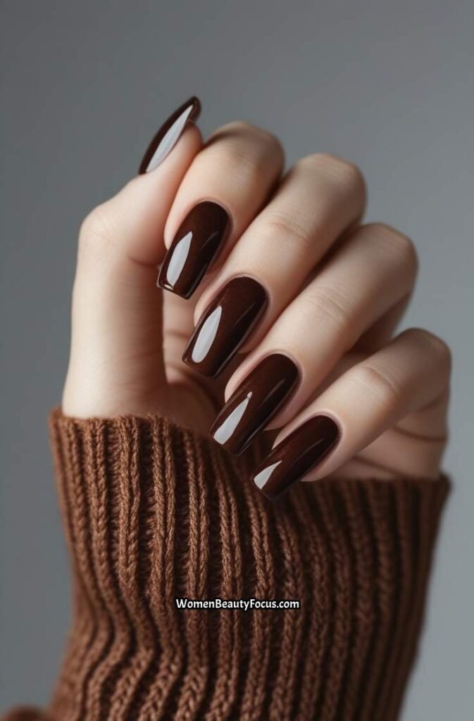 13. Velvet Brown Nails with Gloss Top Coat