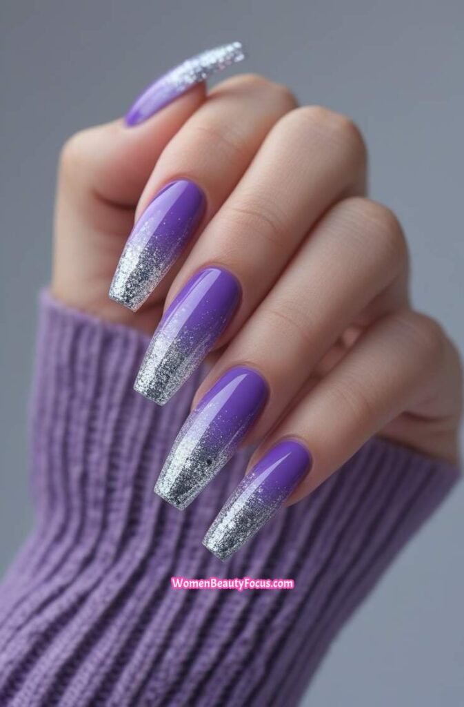 13. Violet and Glitter Fade Nails