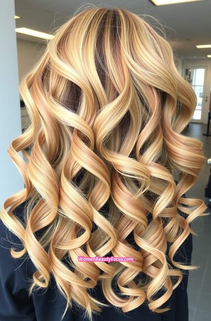 13. Voluminous Curls with Caramel Highlights FrontStraight View