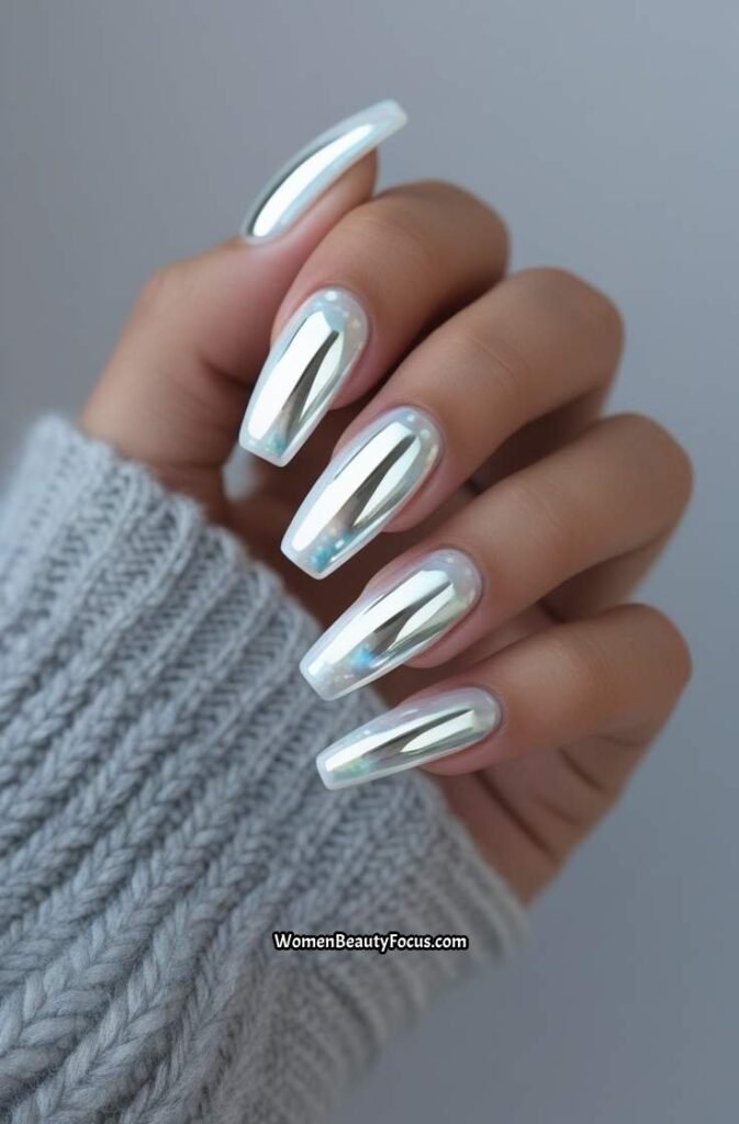 13. White Chrome Nails for a Futuristic Look