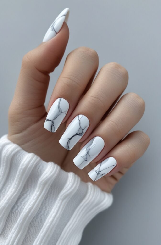 13. White Marble Nails