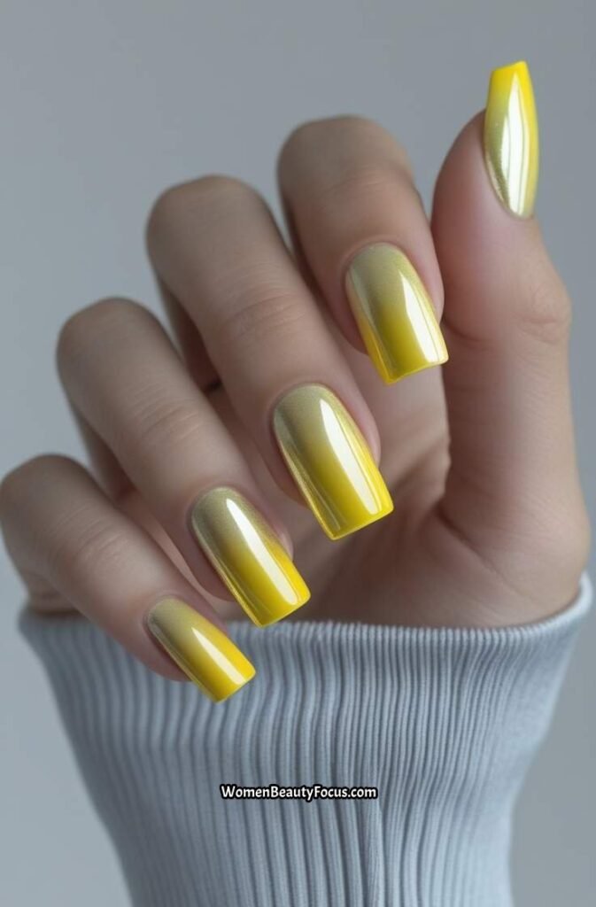 13. Yellow Chrome Ombre Nails
