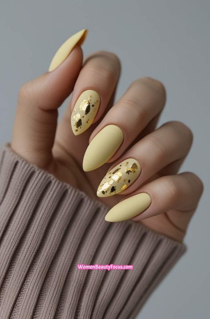 13. Yellow Matte Nails with Gold Foil