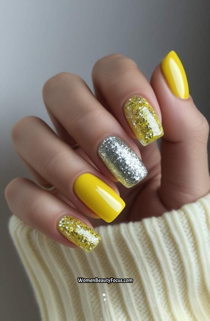 13. Yellow and Silver Glitter Mix Nails