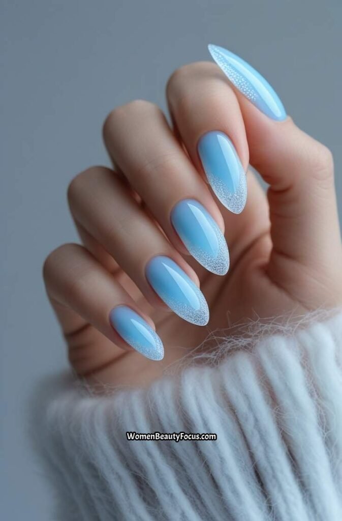 14. Baby Blue Aura Nails with Frosted Tips