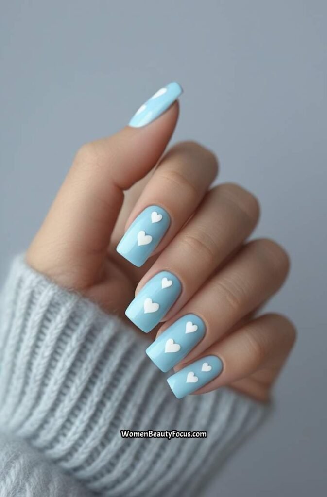14. Baby Blue Short Square Nails with White Heart Accents