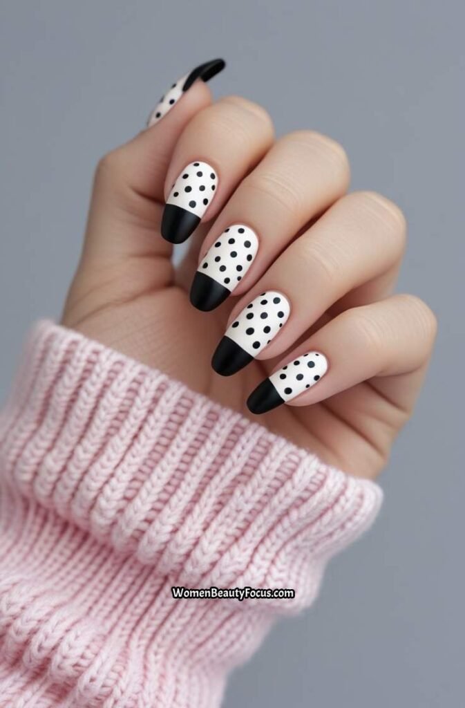 14. Black French Tips with Polka Dot Detailing