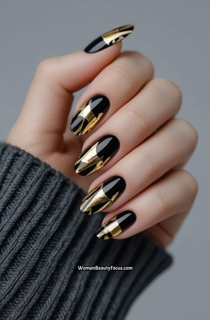 14. Black and Gold Party Nails with Graphic Tips