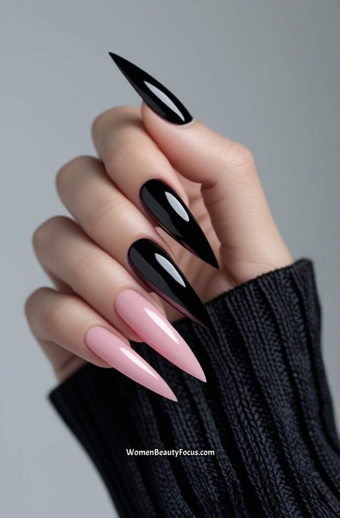 14. Black and Pink Stiletto Nails