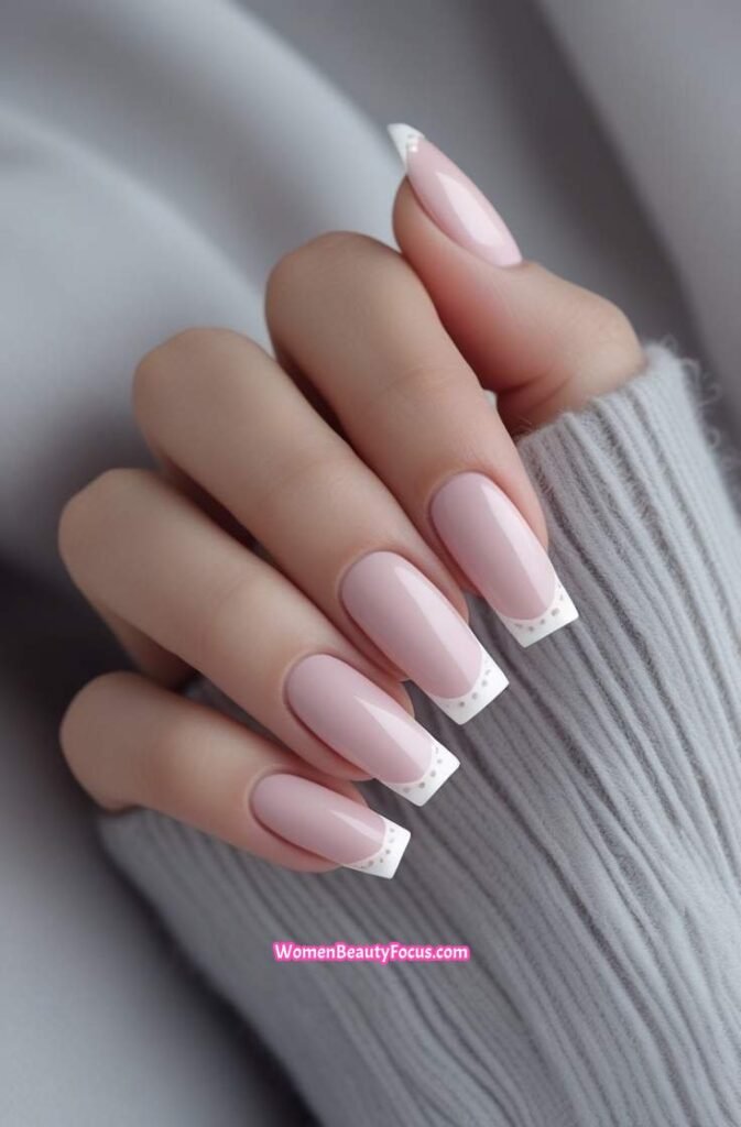 14. Blush Pink Square Nails with White Accents