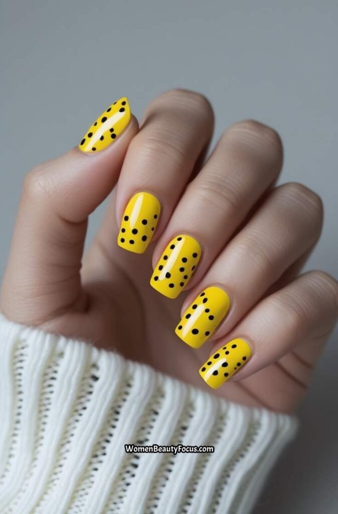 14. Bold Yellow Nails with Black Dots