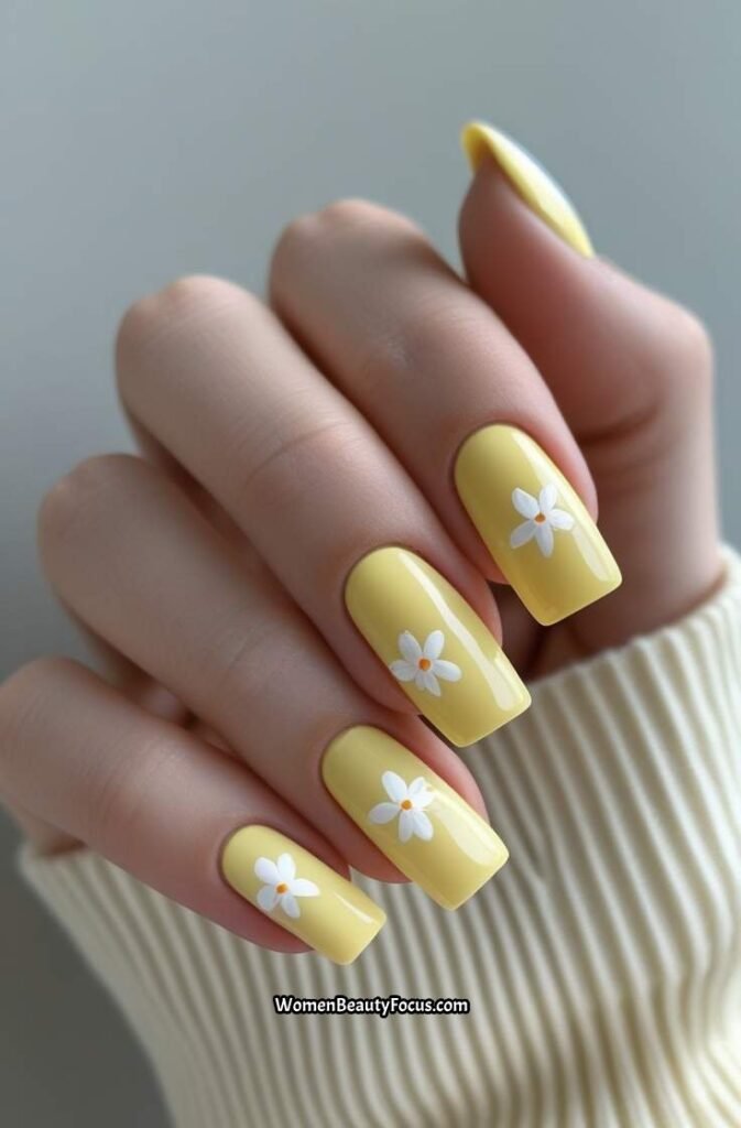 14. Butter Yellow Pastel Nails with Floral Detail