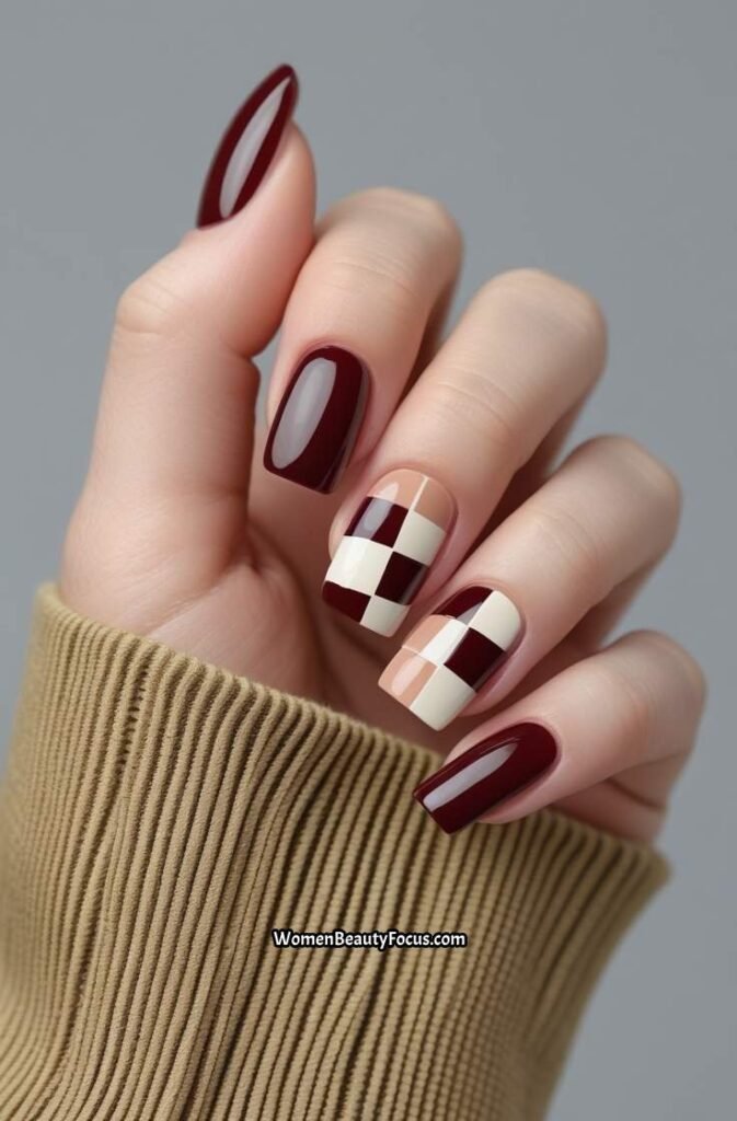 14. Cherry Brown and Neutral Checkerboard Nails