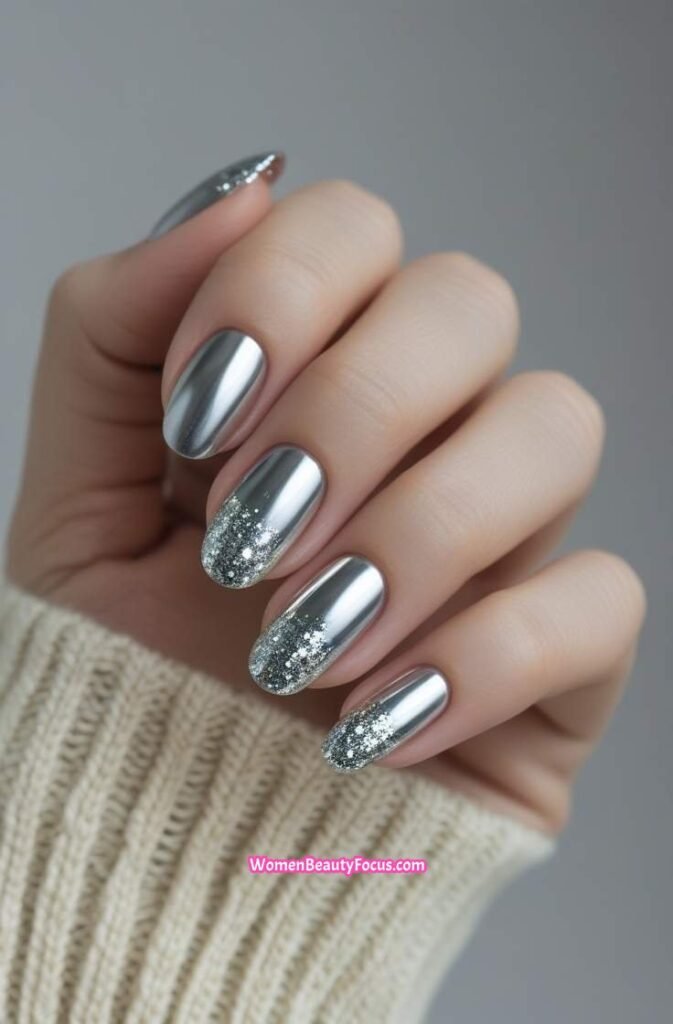 14. Chrome Nails with Glittering Accents