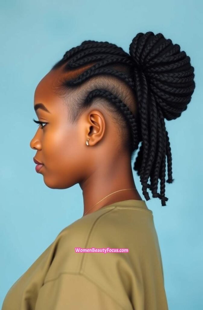 14. Cornrow Inspired Side Braids into Puff Side View