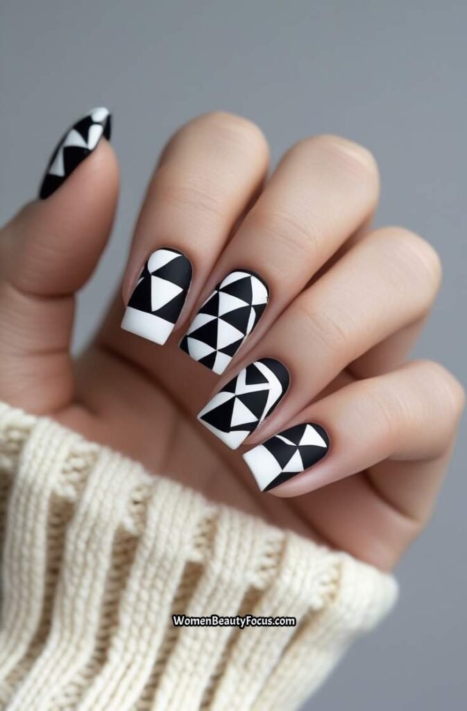14. Geometric Black and White Nails