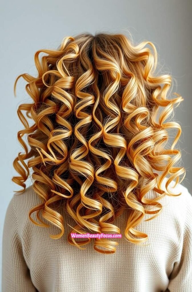 14. Honey Blonde Curls with Natural Volume Back View