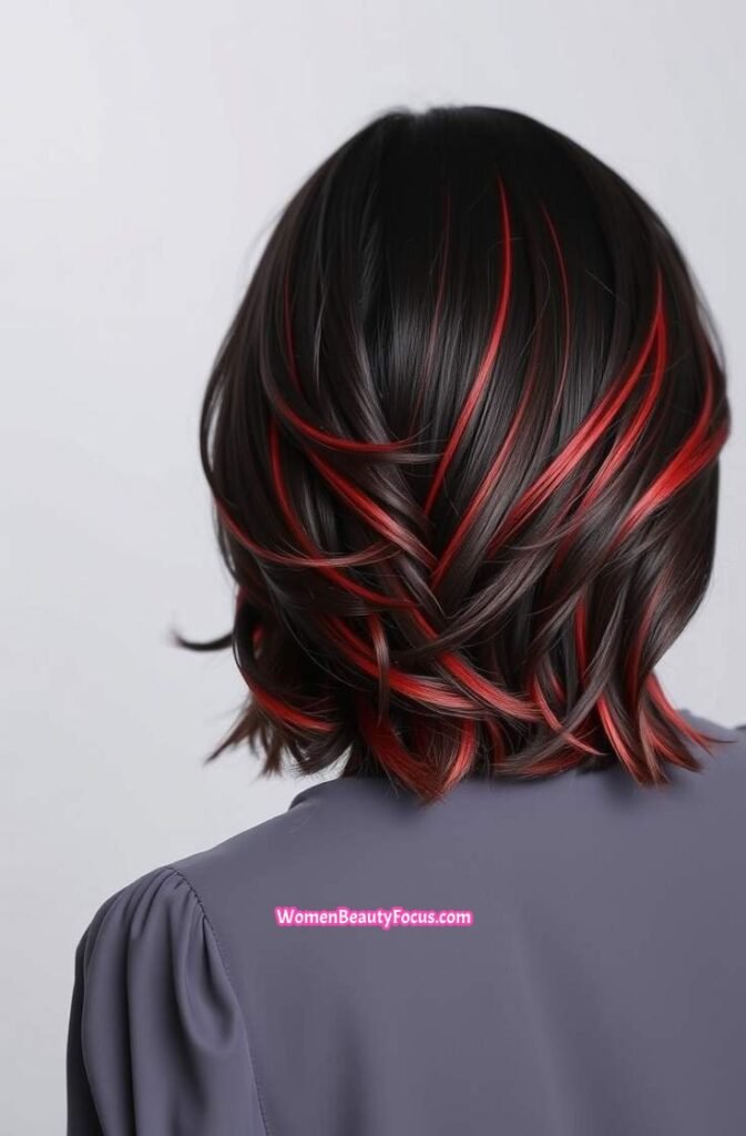 14. Layered Black Hair with Red Highlights Back View