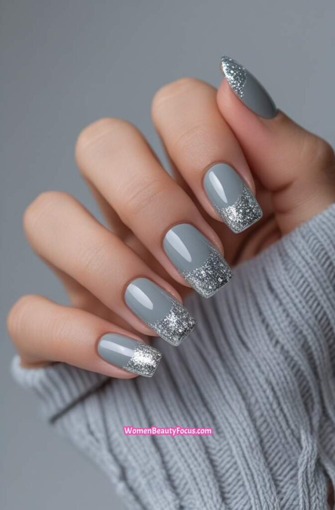 14. Light Grey Nails with Silver Glitter Tips