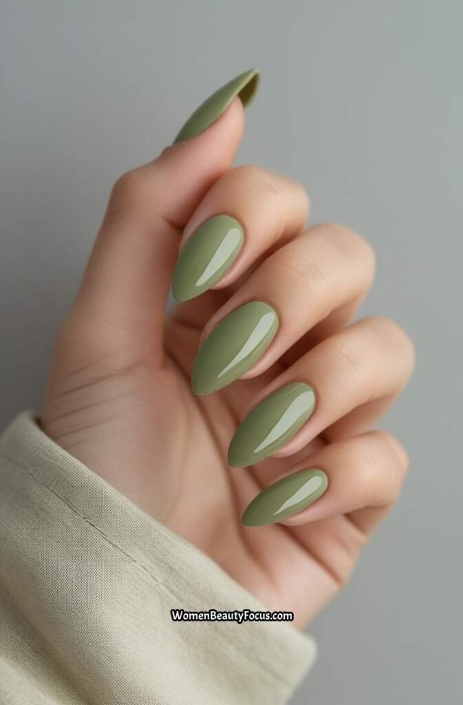 14. Light Olive Almond Nails with High Gloss
