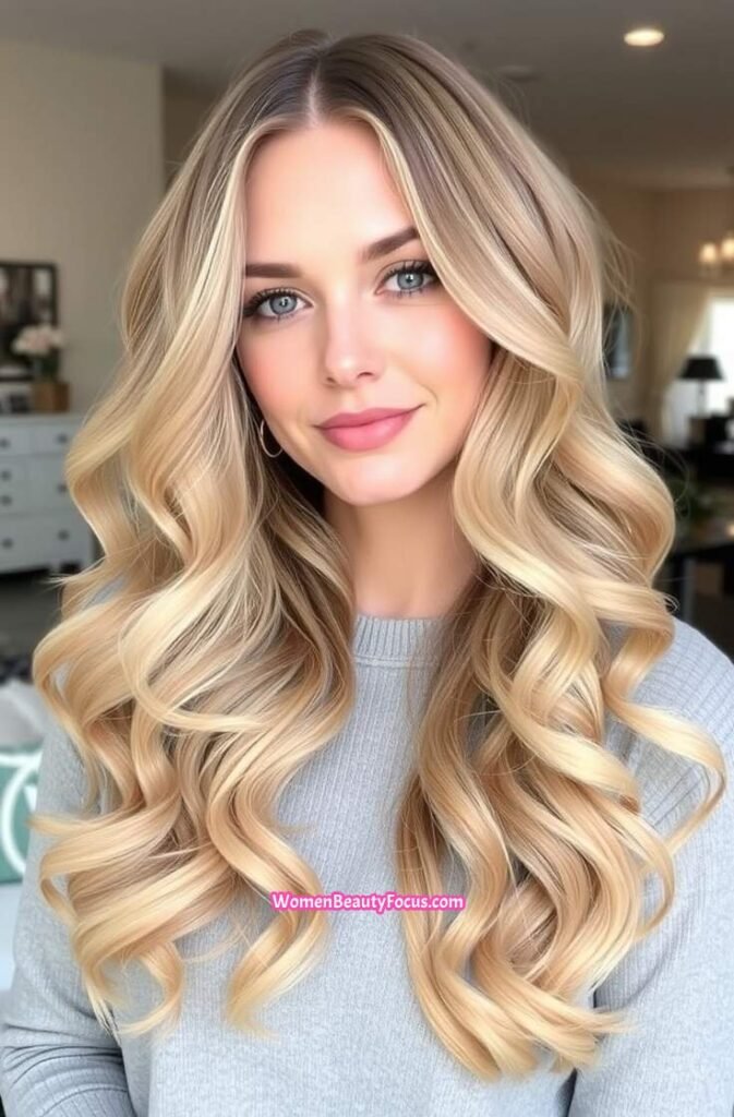 14. Long Sandy Blonde Waves with Soft Curls Back View