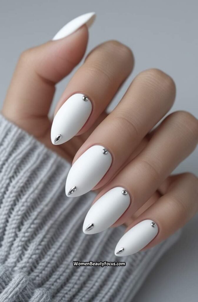 14. Matte White Nails with Silver Accents