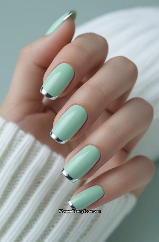 14. Mint Green Nails with Silver Tips