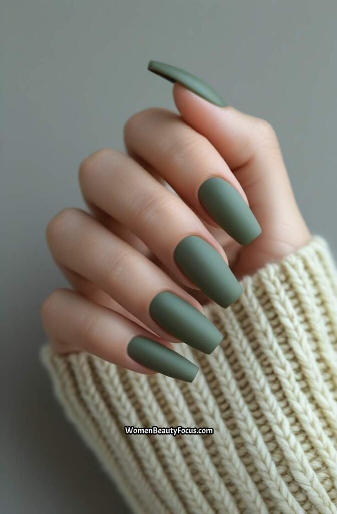 14. Moss Green Nails with Matte Finish