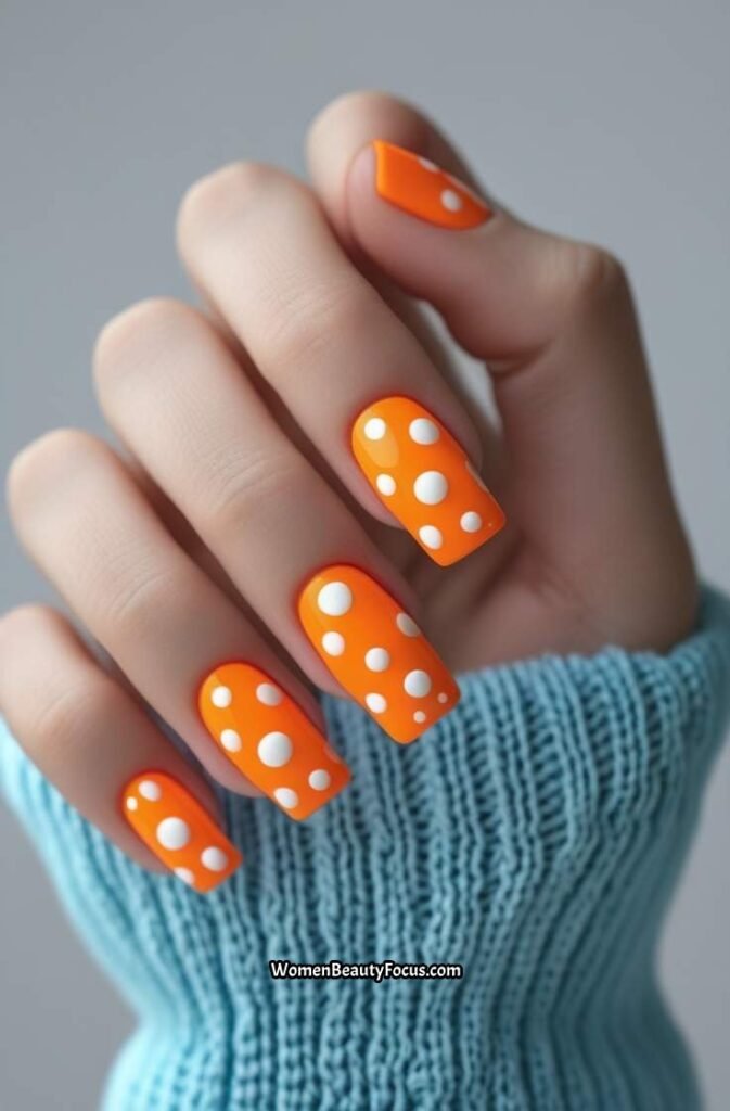 14. Neon Orange Nails with White Polka Dots