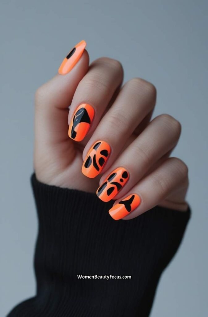14. Neon Orange and Black Abstract Nails