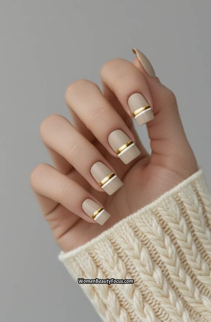 14. Neutral Square Nails with Fine Gold Lines