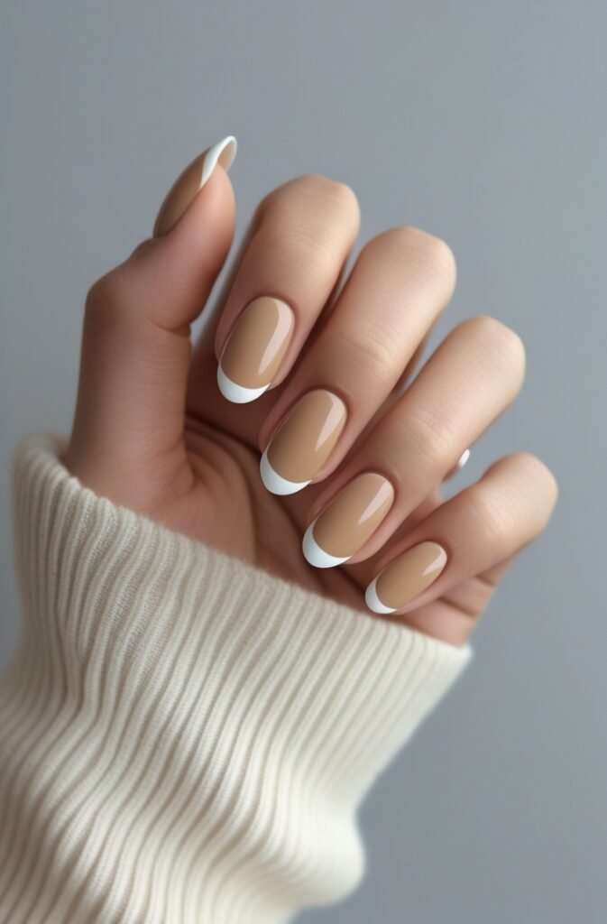 14. Pale Tan Nails with Micro French Tips