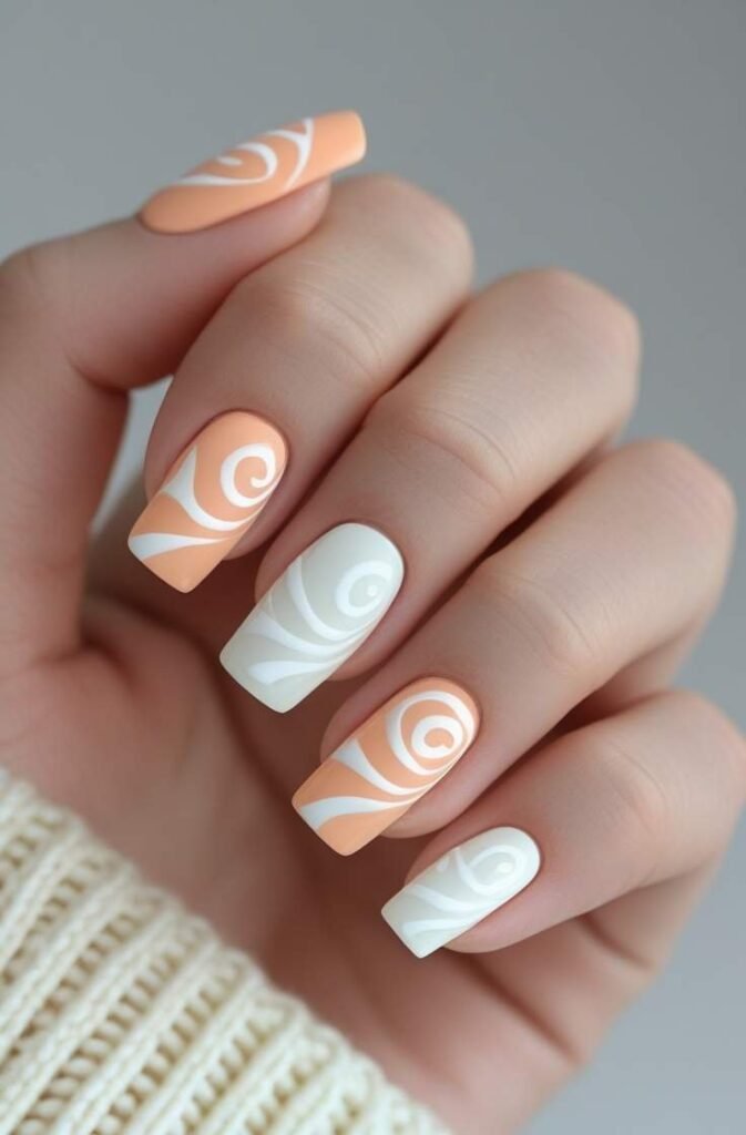 14. Peach and White Swirl Nails