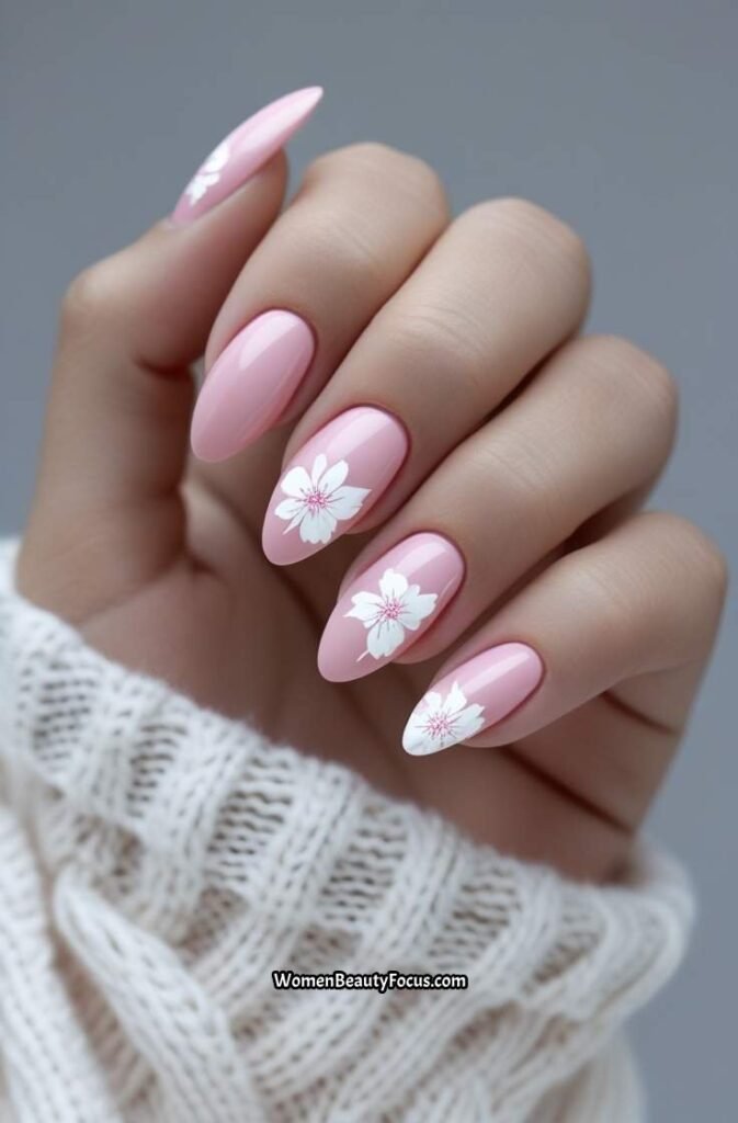14. Pink Floral Accent Nails