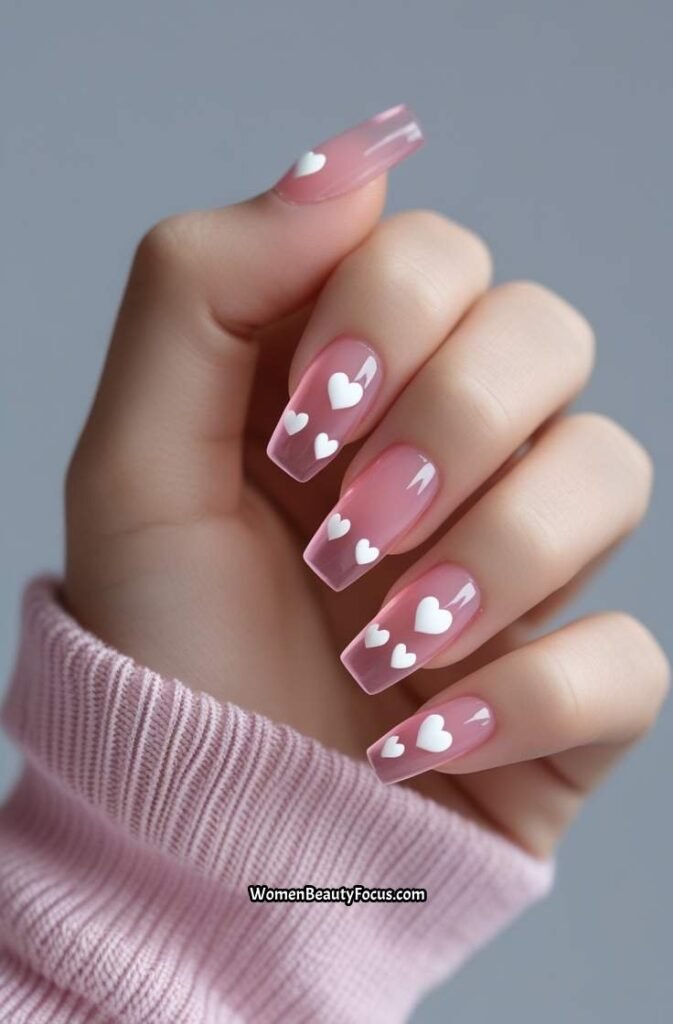 14. Pink Jelly Nails with Heart Accents