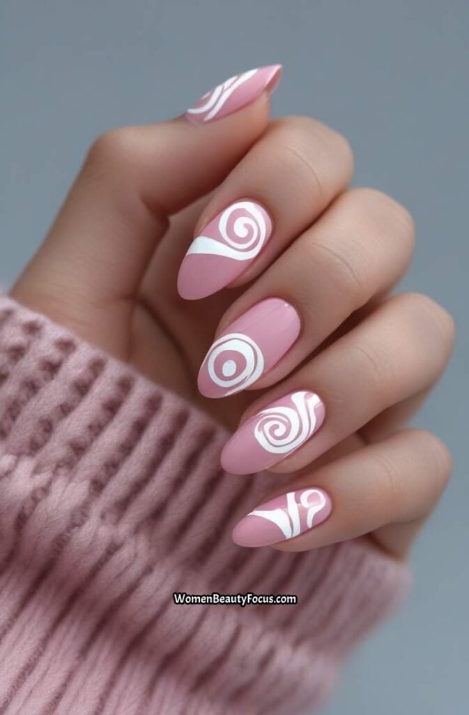 14. Pink Nails with White Swirl Accents