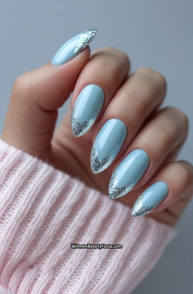 14. Powder Blue Almond Nails with Silver Glitter