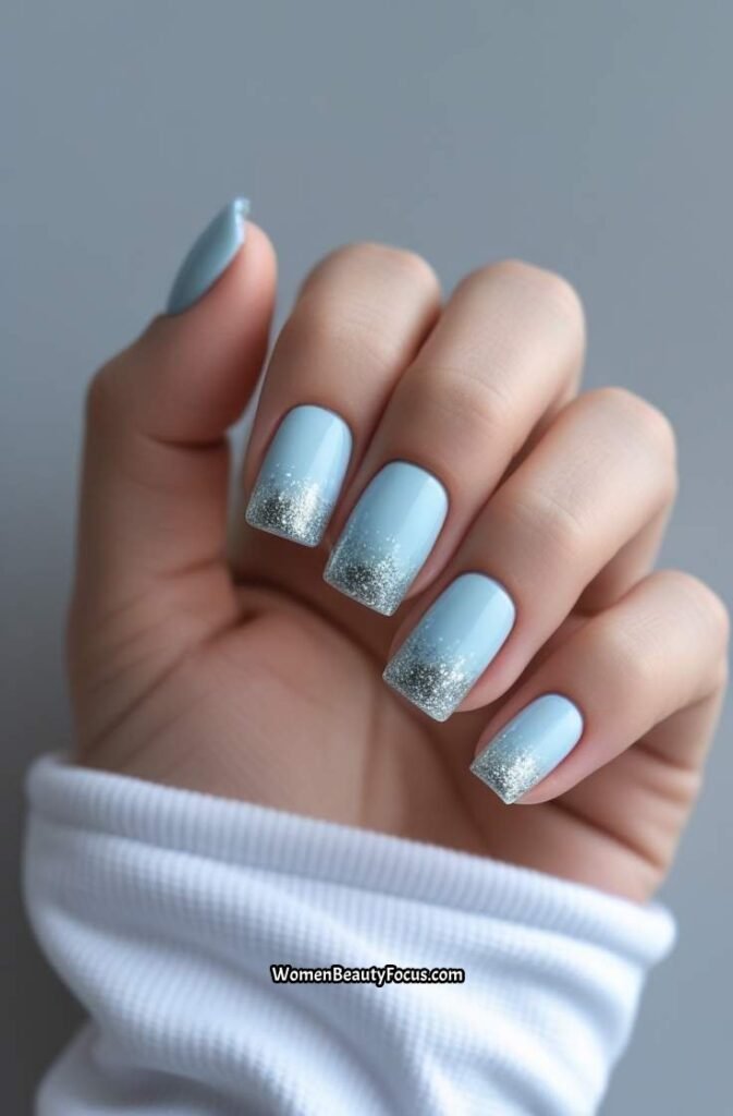 14. Powder Blue Nails with Glitter Fade