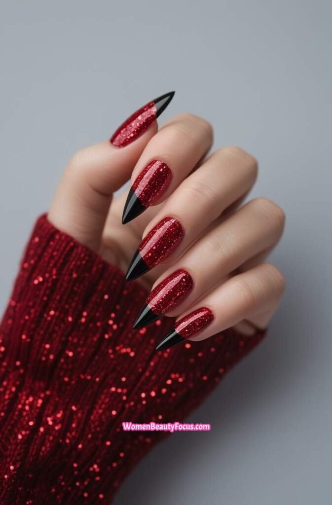 14. Red Glitter Stiletto Nails with Black Accents 14 IMGCentury