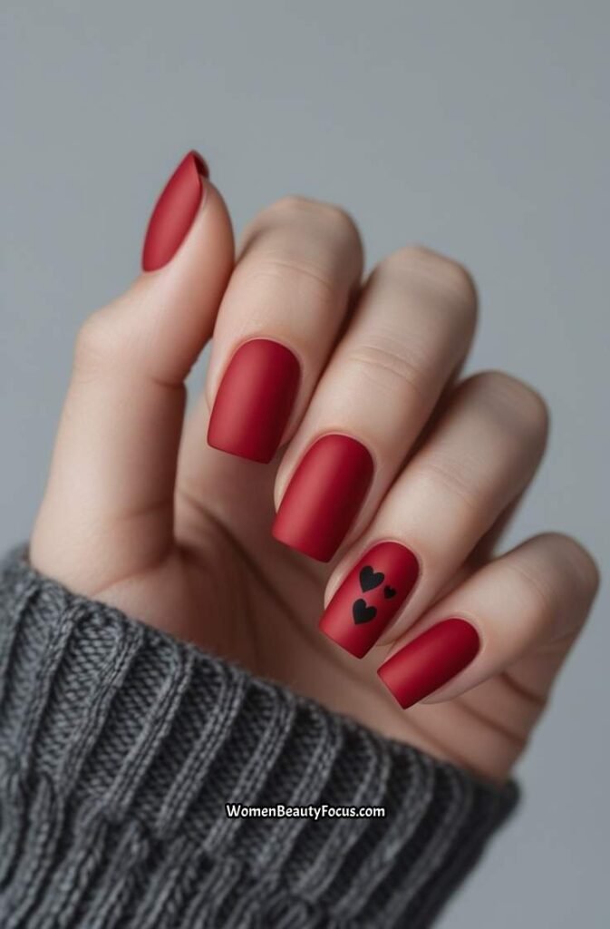 14. Red Matte Nails with Tiny Black Hearts