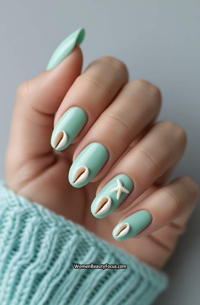 14. Seafoam Green Nails with Seashell Details