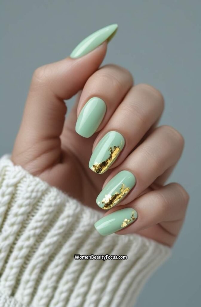 14. Short Acrylic Nails with Mint Green and Gold Foil