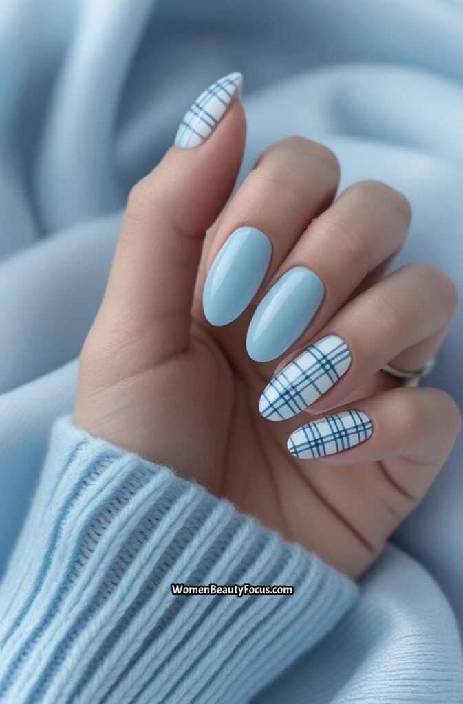 14. Sky Blue and White Soft Plaid Nails
