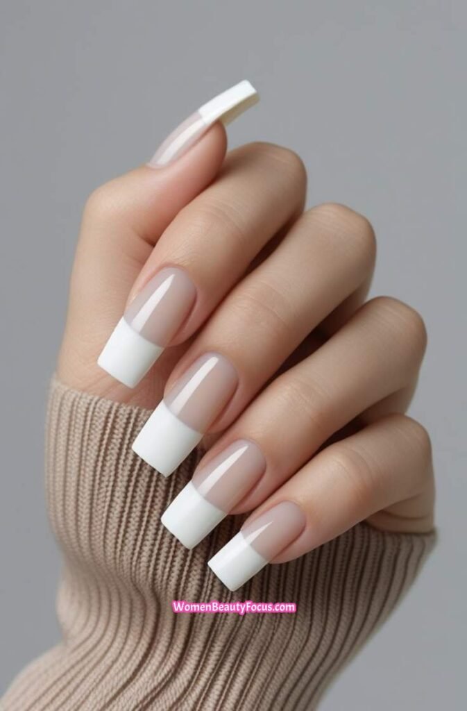 14. Tapered Square French Tips with Milky Base