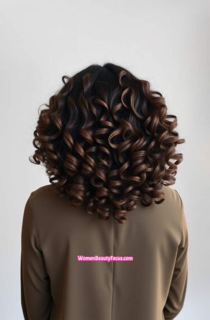 14. Voluminous Curls with Espresso Lowlights Back View