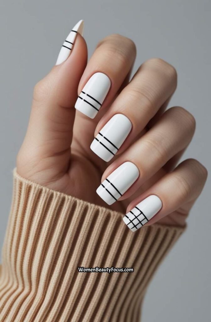 14. White Nails with Geometric Lines