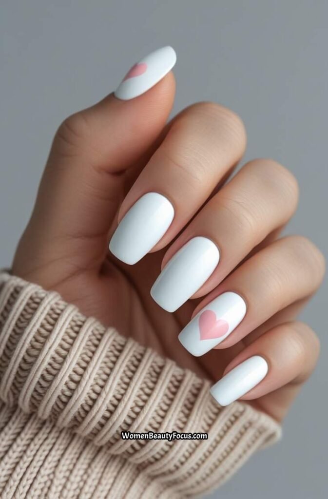 14. White Nails with Pink Heart Accent
