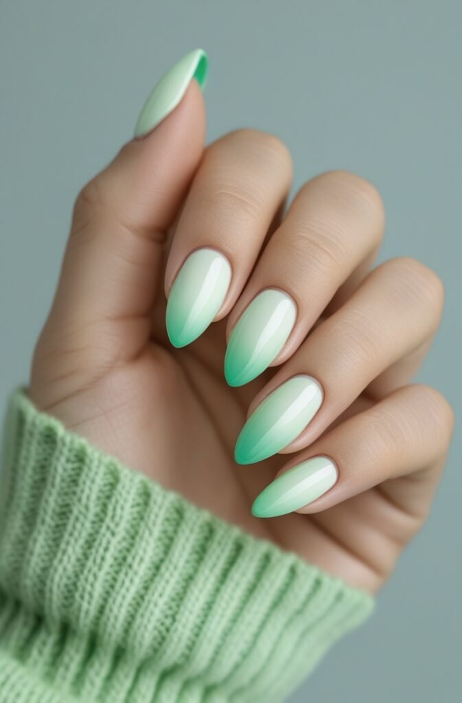 15. Almond Nails with Light Green Ombre 1