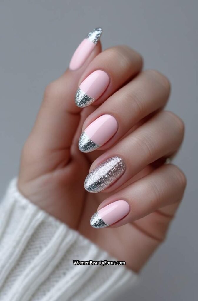 15. Baby Pink Nails with Silver Glitter Tips 1