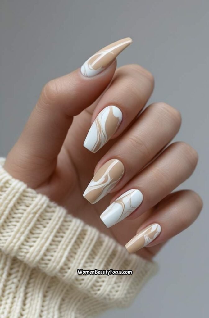 15. Beige and White Marble Short Nails
